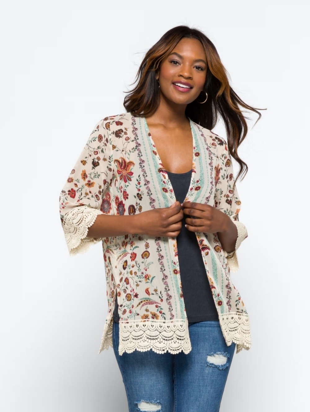 Mason & Belle - Laria Crochet Trim Open Front Woven Top